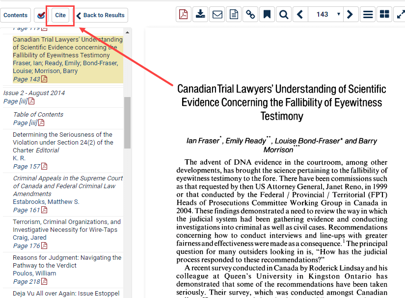 Screenshot highlighting of Cite button available above table of contents for an article
