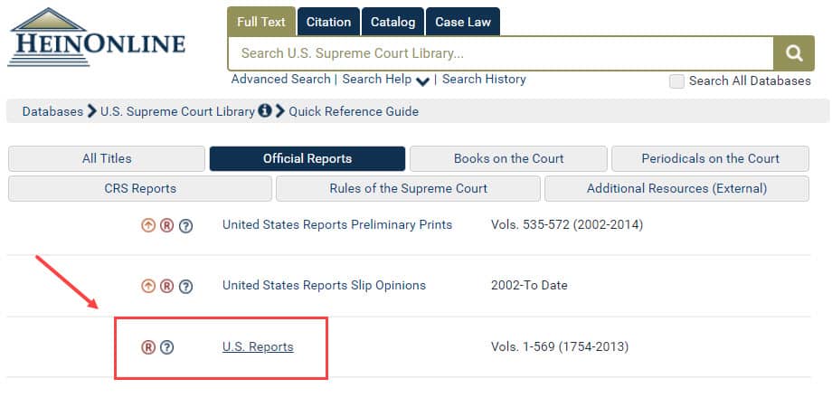 Screenshot of search in U.S. Supreme Court Library database highlighting U.S. Reports