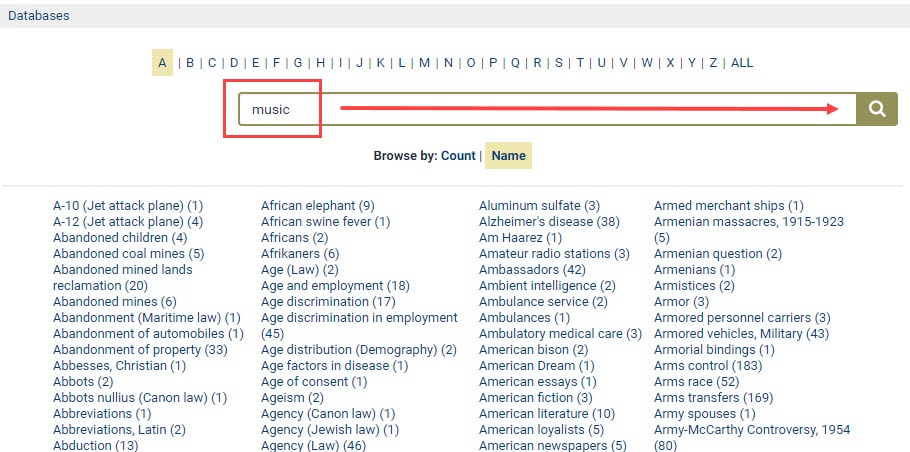 Screenshot of search using Subjects tool under Catalog tab