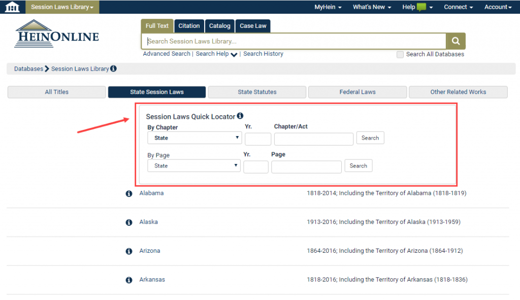 Screenshot of the Session Laws Library landing page showing the Quick Locator tool