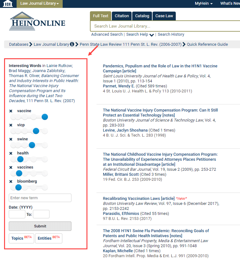 Screenshot of using the More Like This feature in the Law Journal Library
