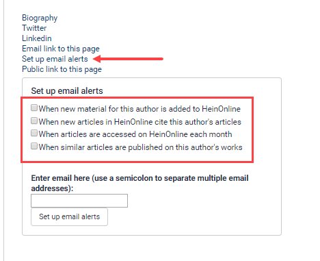 Screenshot of author alert options on HeinOnline