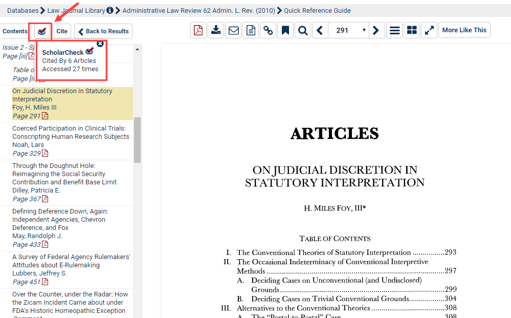 Screenshot highlighting ScholarCheck feature available when viewing article
