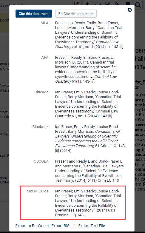 Screenshot of citation formats, including McGill Guide