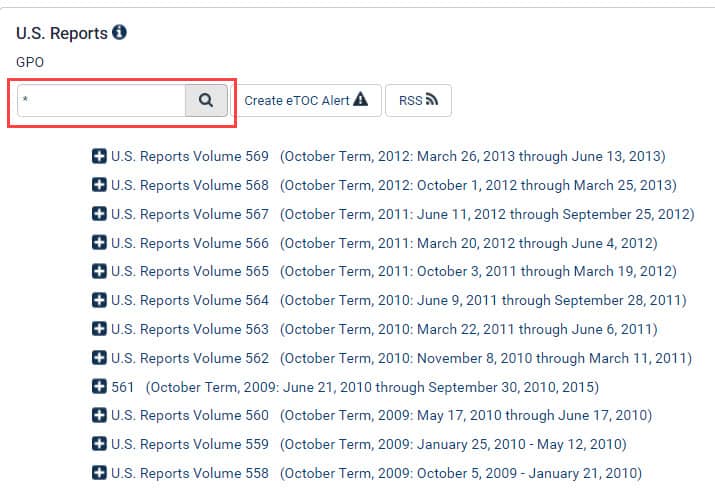 Screenshot of search results in U.S. Reports, featuring ability to enter an asterisk