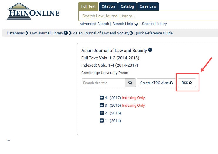 Screenshot of RSS feed within a Journal within the Law Journal Library