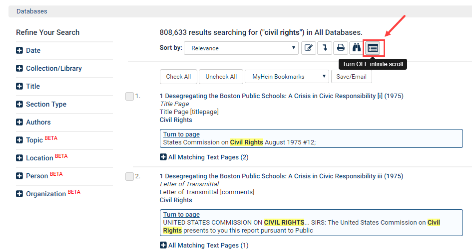 Screenshot of HeinOnline search results showing the Infinite Scroll toggle button