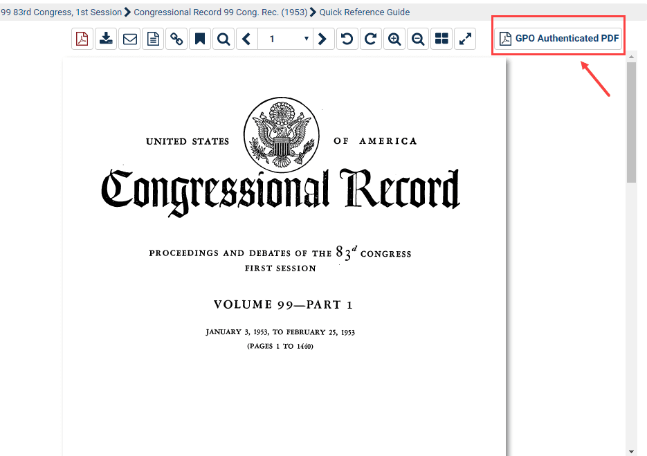 Screenshot of a Congressional Record showing the GPO Authenticated PDF button