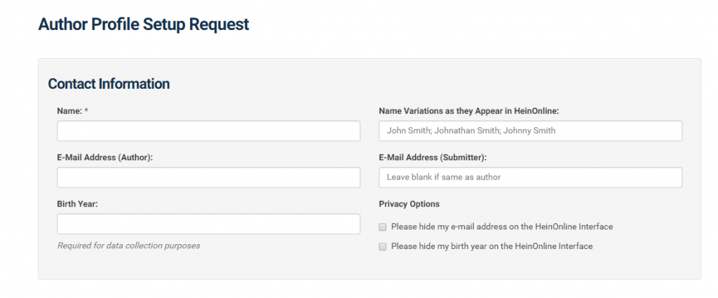 screenshot of Author Profile Setup 
Request form