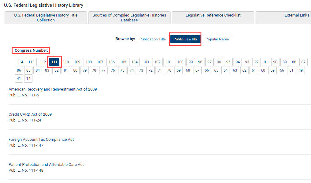 Screenshot featuring search by Public Law No. option on HeinOnline