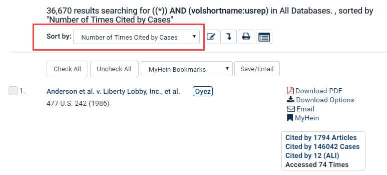Screenshot of Number of Times Cited by Cases search option