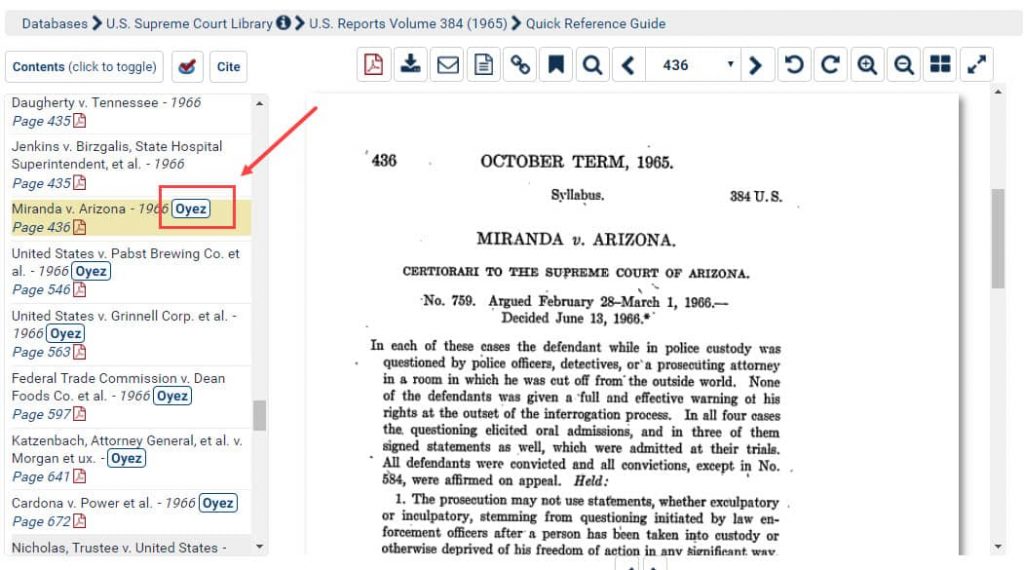 Screenshot of Miranda V. Arizona case, highlighting Oyez audio recording feature