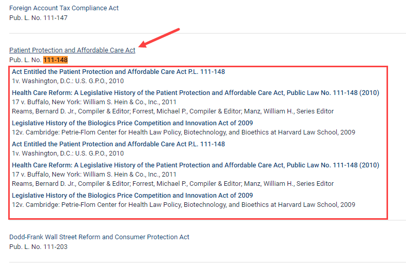 Screenshot featuring ability to view multiple legislative histories of a public law