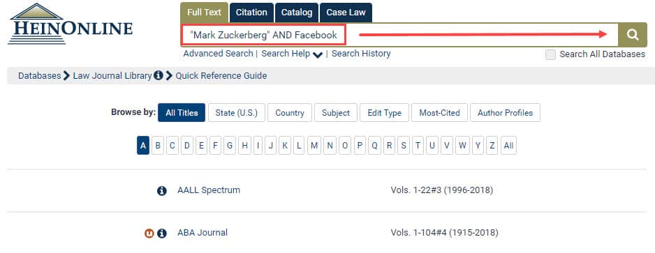 Screenshot of Full Text search within Law Journal Library