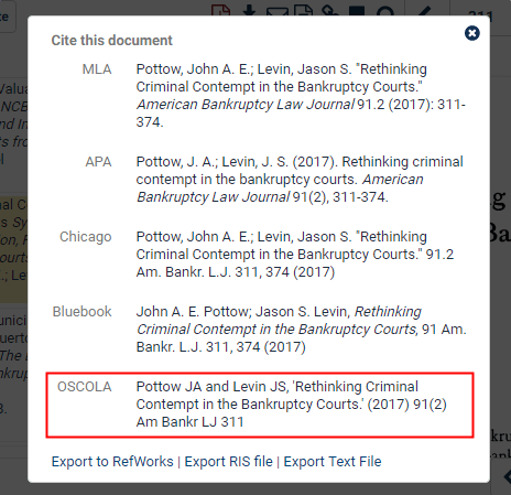 Screenshot of Citation Formats available in HeinOnline