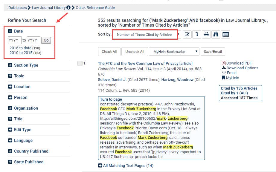 Screenshot highlighting Number of Times Cited by Articles search feature and Date facet