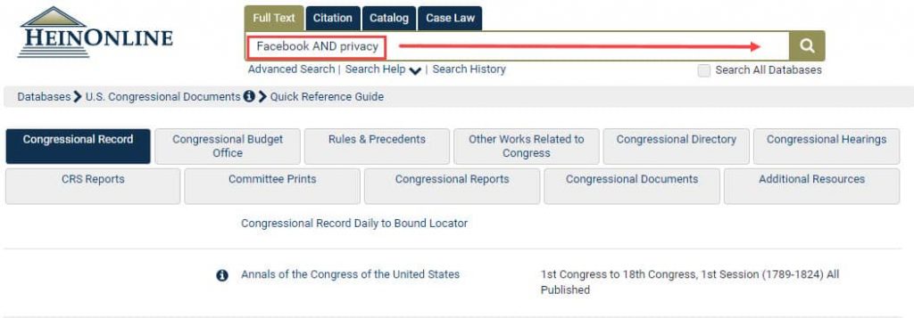 Screenshot of Full Text search within U.S. Congressional Documents database