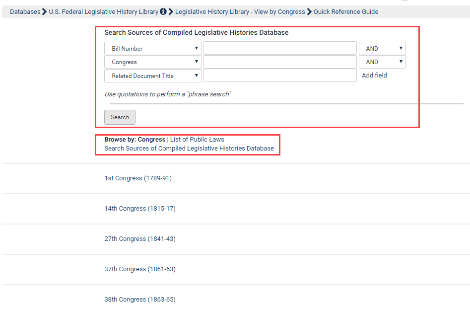 Screenshot featuring database version Sources of Compiled Legislative Histories search option