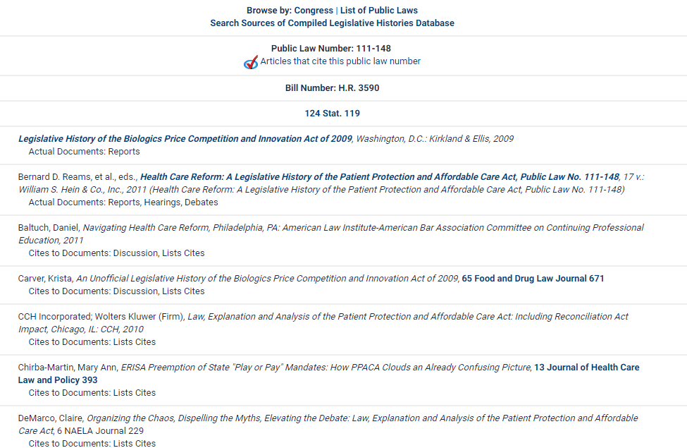 Screenshot of search results under Search Sources of Compiled Legislative Histories Database