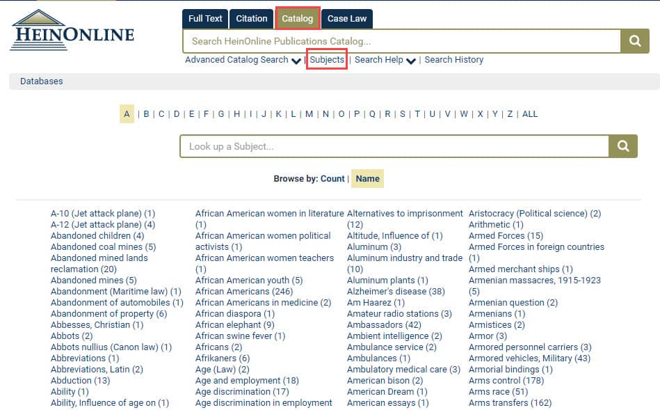 Screenshot highlighting Subjects tool under Catalog tab in HeinOnline