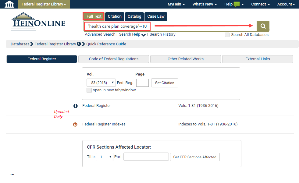 Screenshot of proximity search in Federal Register Library