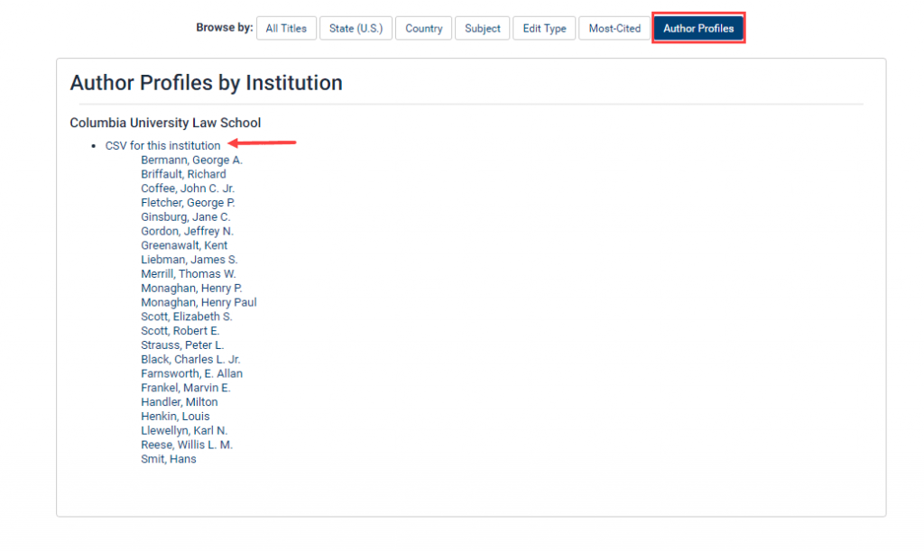 Screenshot of Author Profiles by Institution option highlighting Columbia University Law School