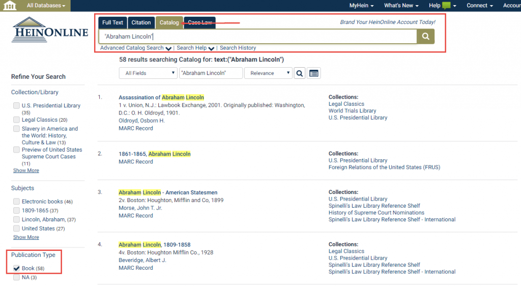 HeinOnline screenshot showing search for Publication Type: Book