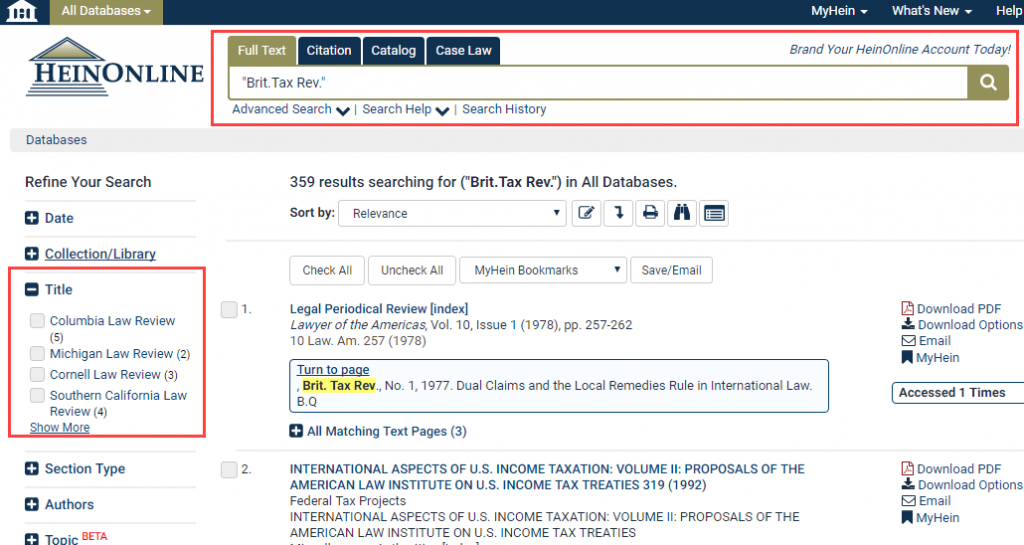 Screenshot of of British Tax Review citation search results