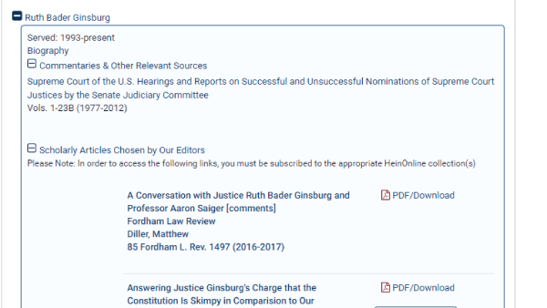 Screenshot of search results under Ruth Bader Ginsburg in Browse by Justice search
