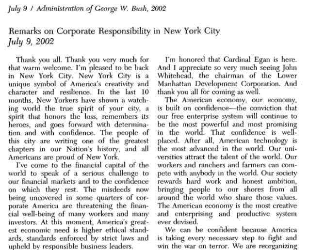 Screenshot of George W. Bush speech regarding corporate responsibility in NYC
