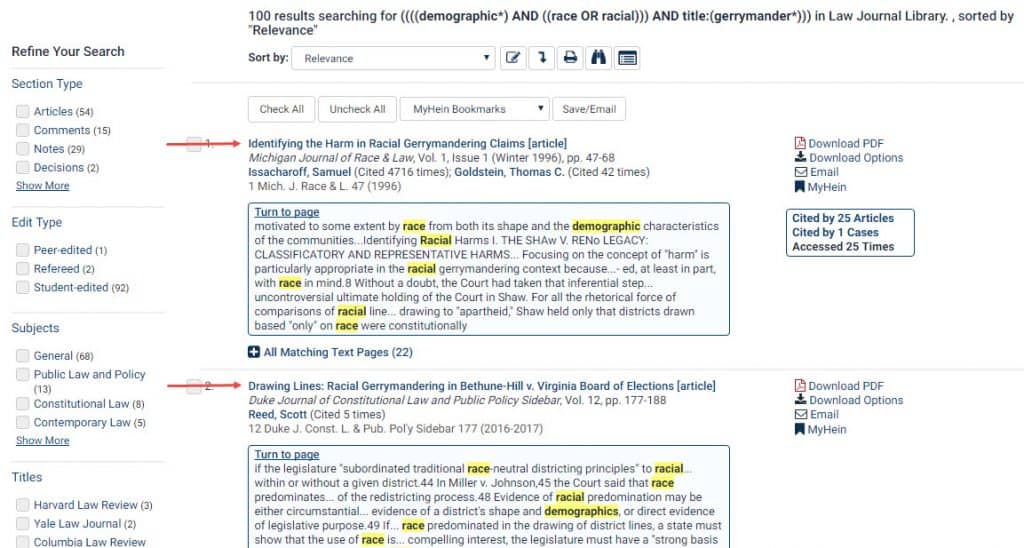 Screenshot of search results within the Law Journal Library using Advanced Search options