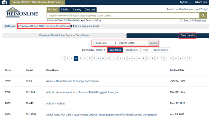 Screenshot of Preview of the United States Supreme Court Cases database in HeinOnline