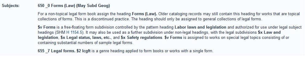 Screenshot of Forms explanation in Cataloging Legal Literature 4th Edition online version