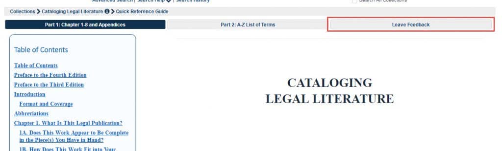 Screenshot of Leave Feedback option at the top of Cataloging Legal Literature in HeinOnline