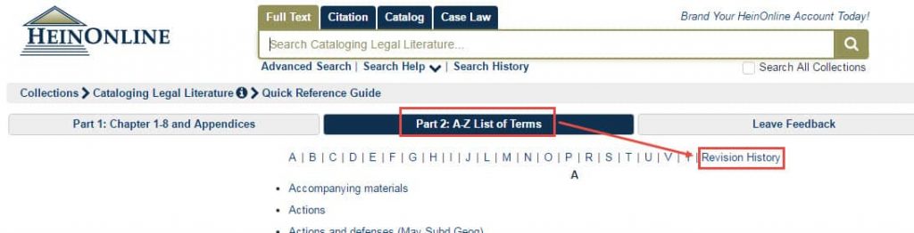 Screenshot of A-Z list located within Cataloging Legal Literature in HeinOnline