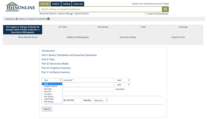 Screenshot of Full Text search in HeinOnline's History of Capital Punishment database