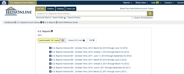 Screenshot of Full Text search results for "death penalty" or "capital punishment" within U.S. Supreme Court Library database