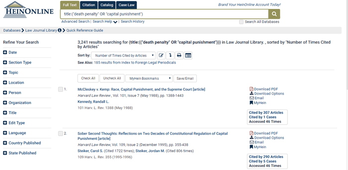 Screenshot of Full Text search within Law Journal Library for "capital punishment" or "death penalty"