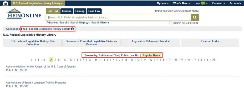 Browse by Options in U.S. Federal Legislative History Library