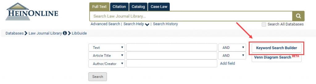 HeinOnline advanced search showing the keyword search builder