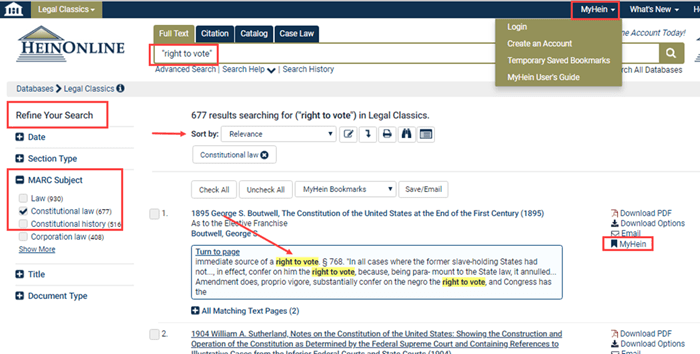 Screenshot highlighting search features including Refine Your Search and MyHein options on HeinOnline