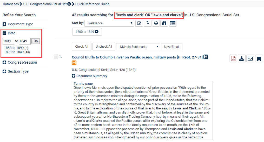 Screenshot of Serial Set search results for lewis and clark