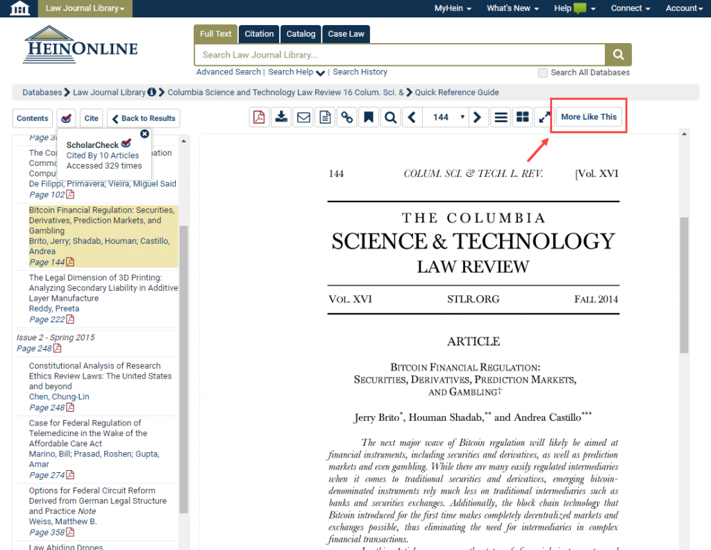 Screenshot of article in the Law Journal Library featuring the More Like This button