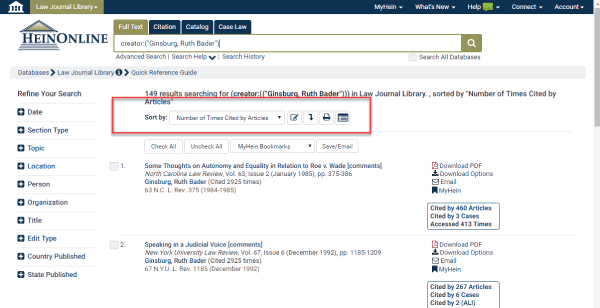 Screenshot highlighting Number of Times Cited by Article search feature