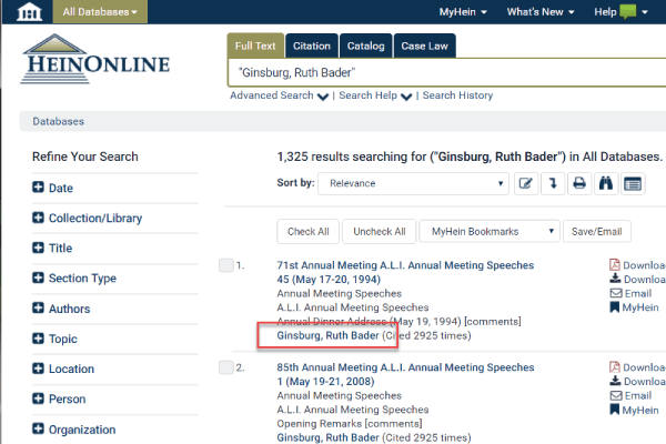 Screenshot of results for Ruth Bader Ginsburg in HeinOnline