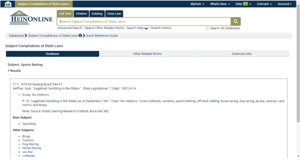 HeinOnline screenshot of Sports Betting within Subject Compilations of State Laws