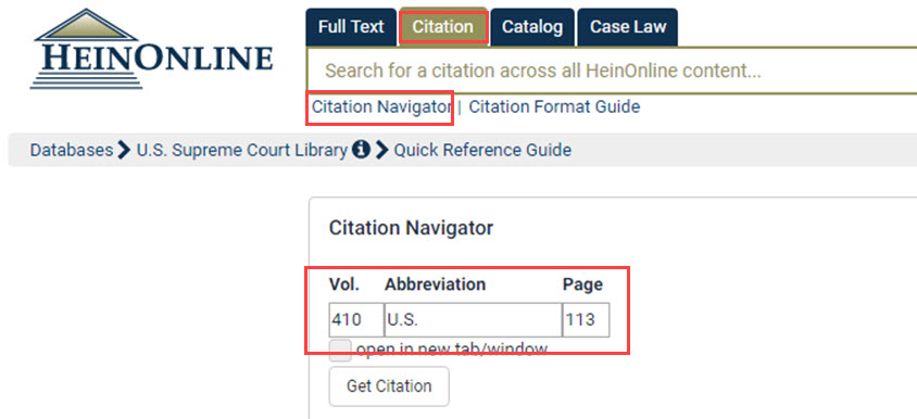 Screenshot featuring Citation Navigator under Citation search in HeinOnline