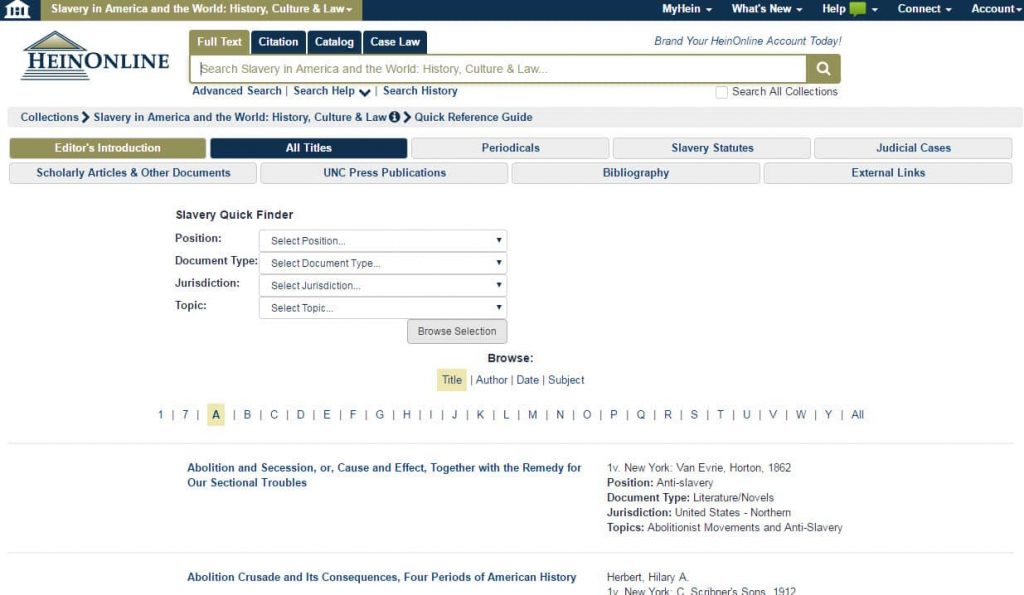 Screenshot of Slavery in America and the World database