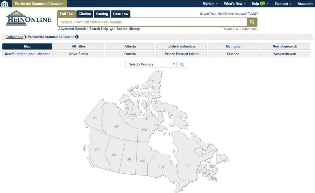 Screenshot of Provincial Statutes of Canada landing page