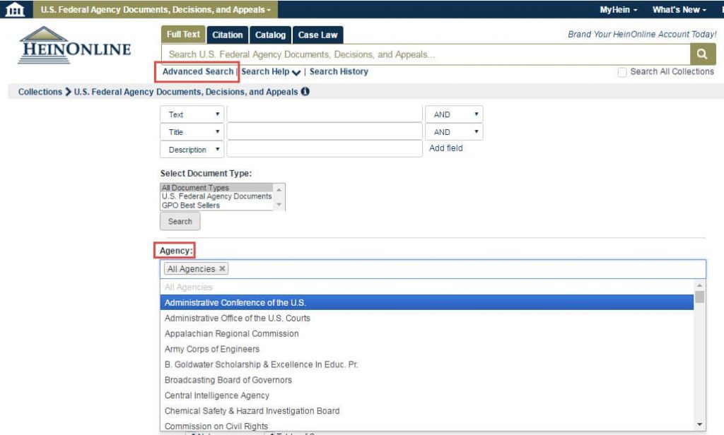 Screenshot of U.S. Federal Agency Documents, Decisions, and Appeals database 